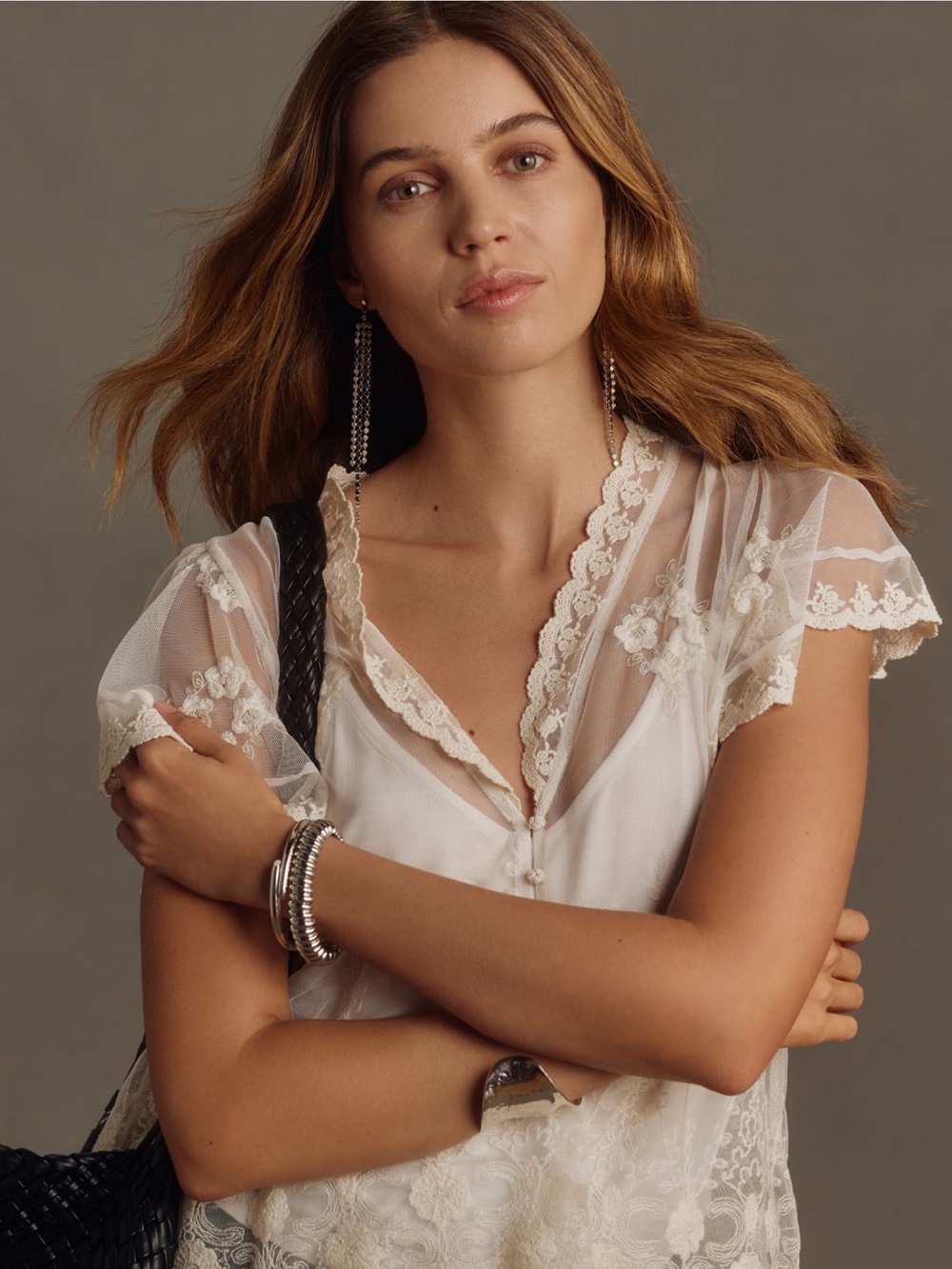 Anthropologie Ivory Lace-Trim Sheer Camisole